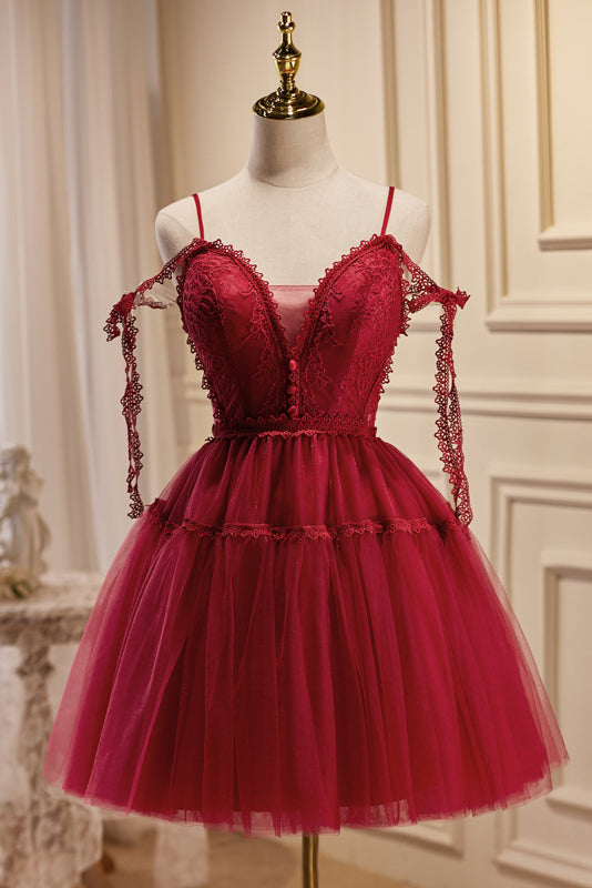 Burgundy Spaghetti Straps V Neck A Line Tulle Short Homecoming Dresses