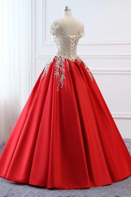 Modest Red Cap Sleeves Ball Gowns Lace Satin Prom Dresses Evening Dresses