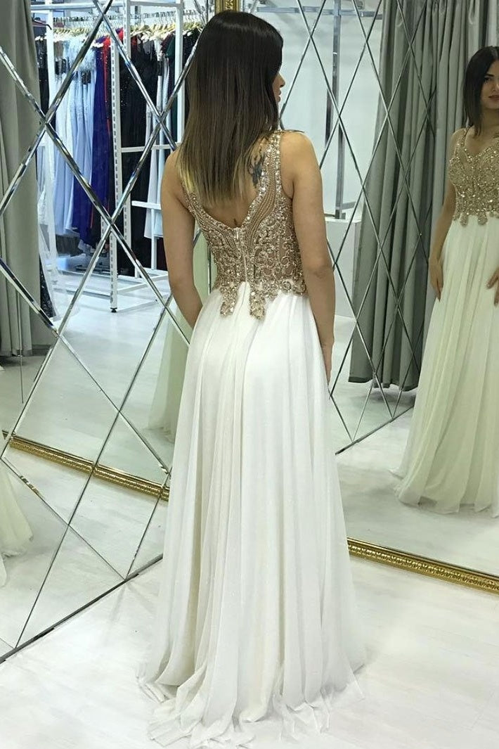 Pretty Ivory Chiffon Long Beading A-line Prom Dresses For Teens