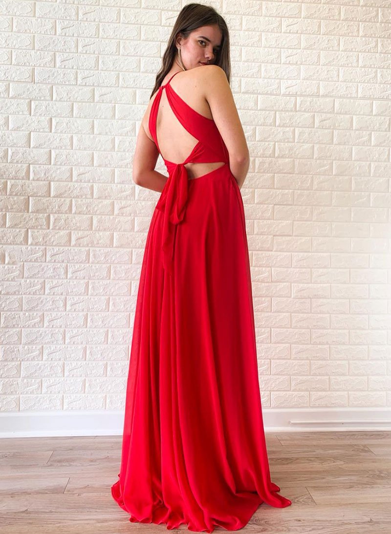 Flowy Red Chiffon Long Open Back Front Split Prom Dresses Fashion Dresses