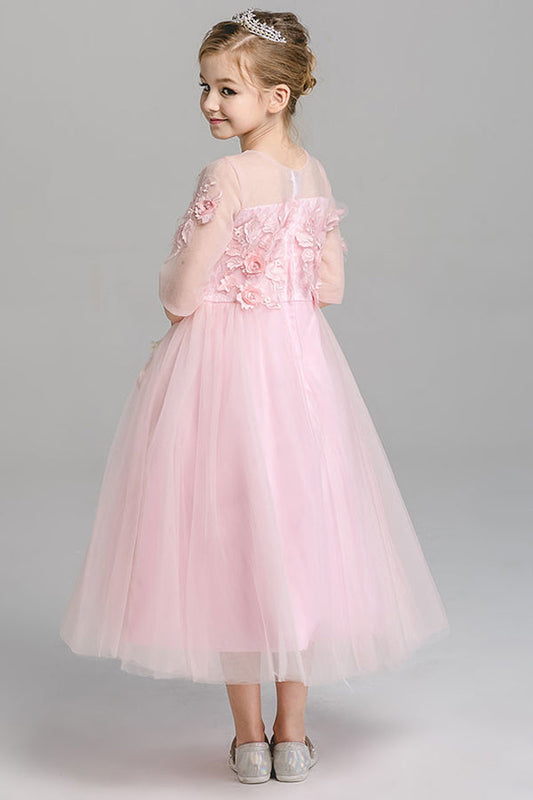 A Line Round Neck 3/4 Sleeves With Appliques Tea Length Flower Girl Dresses