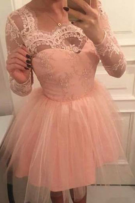 Long Sleeves Short Prom Tulle Homecoming Dresses with Appliques