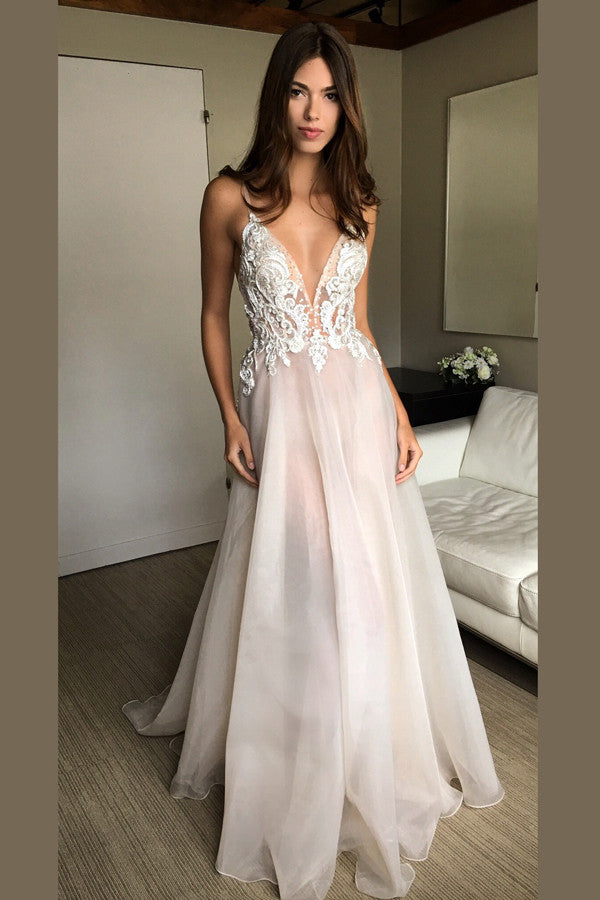 Illusion Spaghetti Straps Ivory A-line Deep V Neck Backless Long Prom Dresses