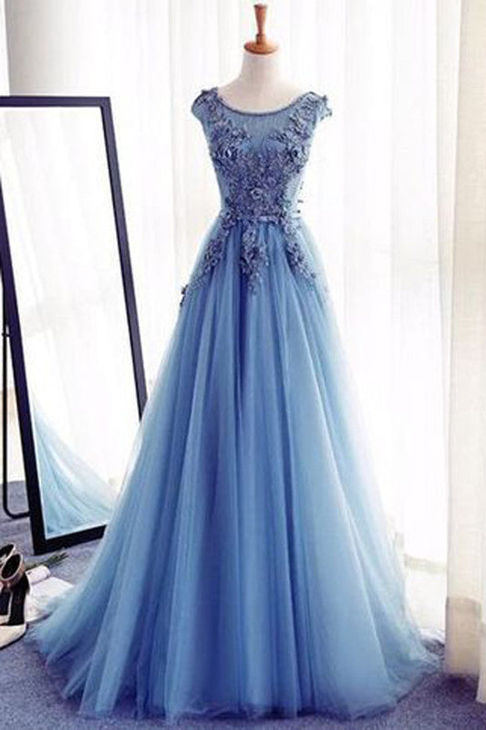 Princess Blue A Line Floor Length Tulle Mid Back Floral Boat Prom Dresses