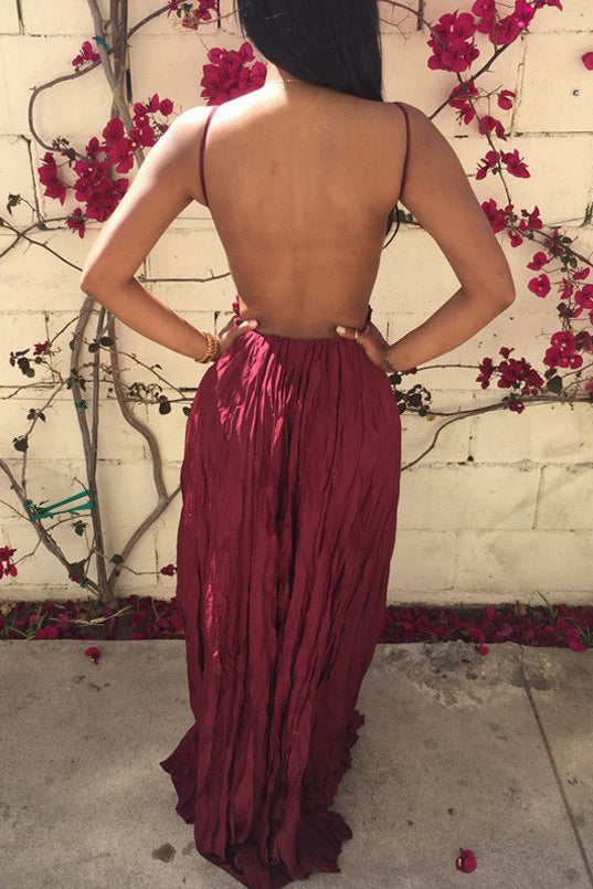 Sexy Burgundy V-neck Lace Spaghetti-straps Ruched Backless Prom Dresses