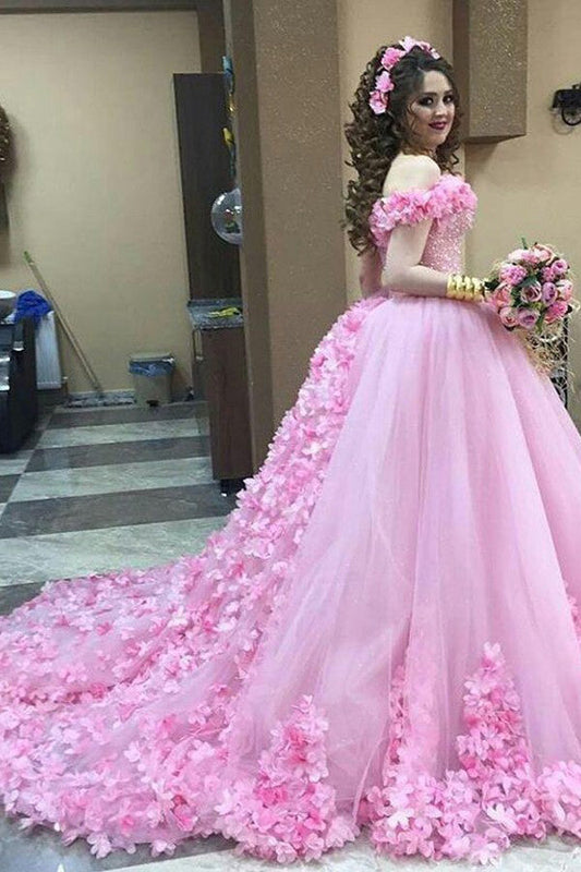 Pink Off-the-Shoulder Ball Gown Quinceanera Dresses with Flowers Applique