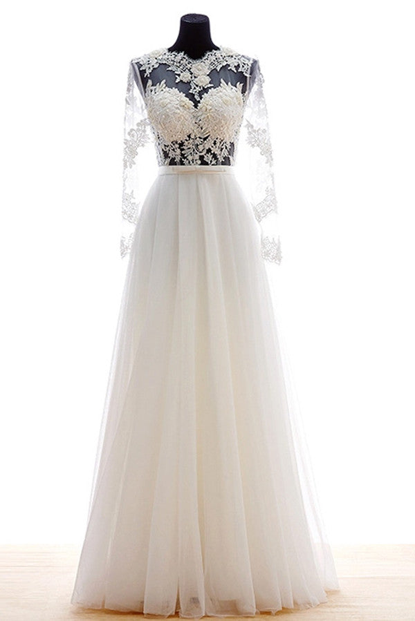 Illusion Long Sheer Sleeves Appliques Pleat Beach Wedding Dresses