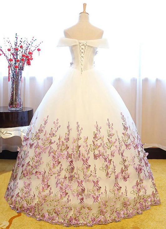 Elegant Off the Shoulder Tulle Floor Length With Appliques Prom Dresses