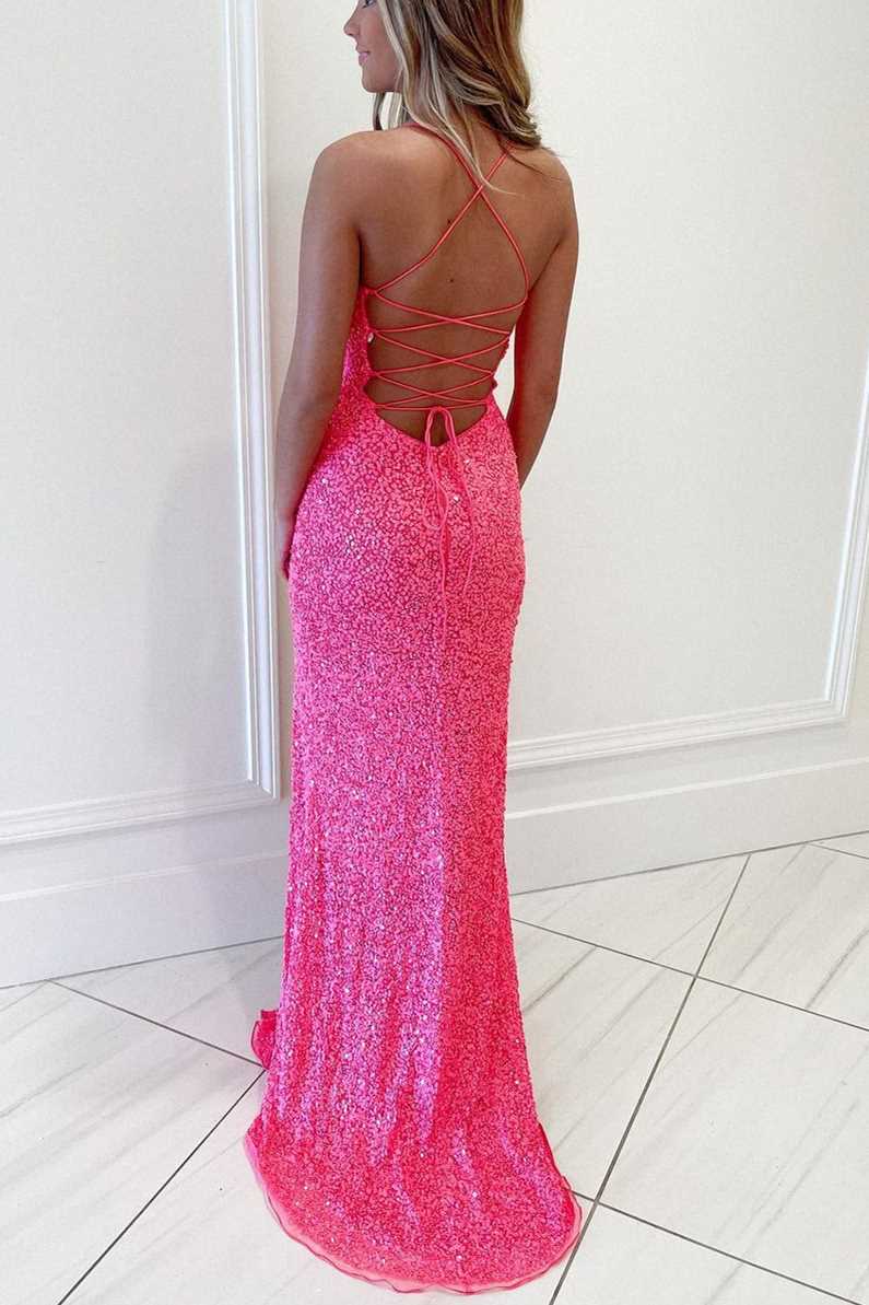 Sequins Hot Pink Evening Party Dresses Split Mermaid Long Prom Dresses