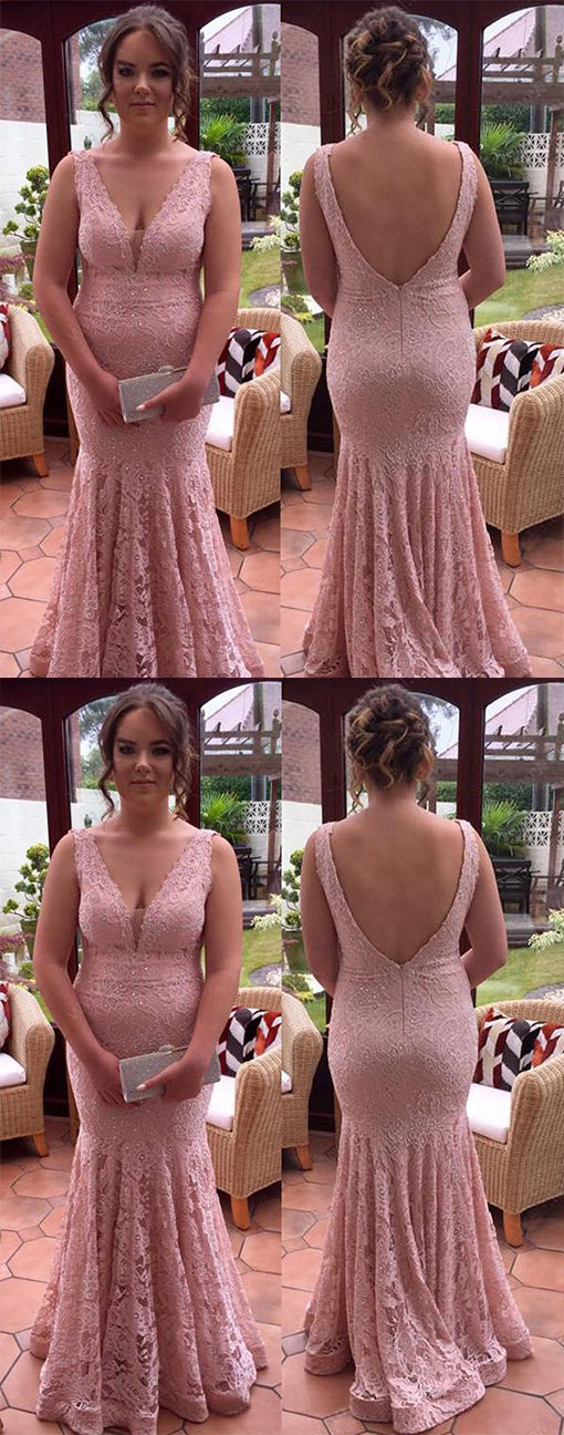 Chic Deep V Back Lace Appliques With Beaded Prom Dresses