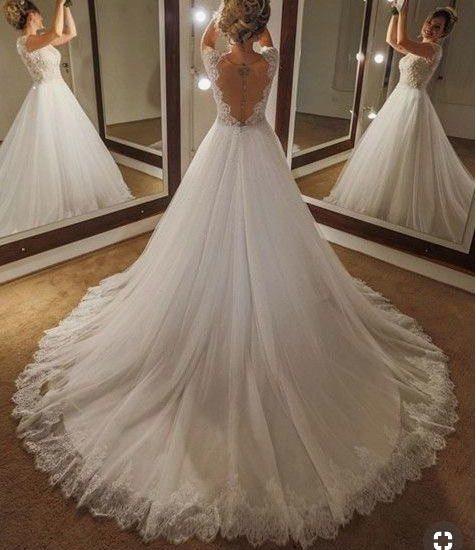 Gorgeous V Neck Open Back Cap Sleeves With Lace Appliques Long Wedding Dresses