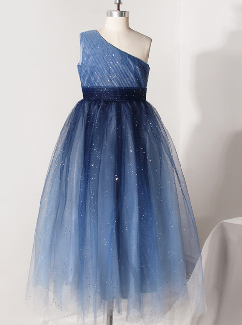 A Line Sparkle Blue One Shoulder Sleeveless Flower Girl Dresses