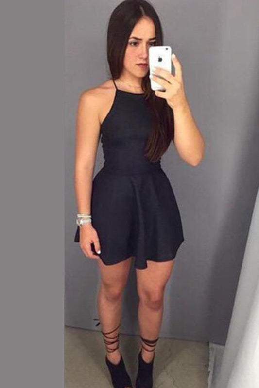 Black Halter Sleeveless Open Back Homecoming Dresses