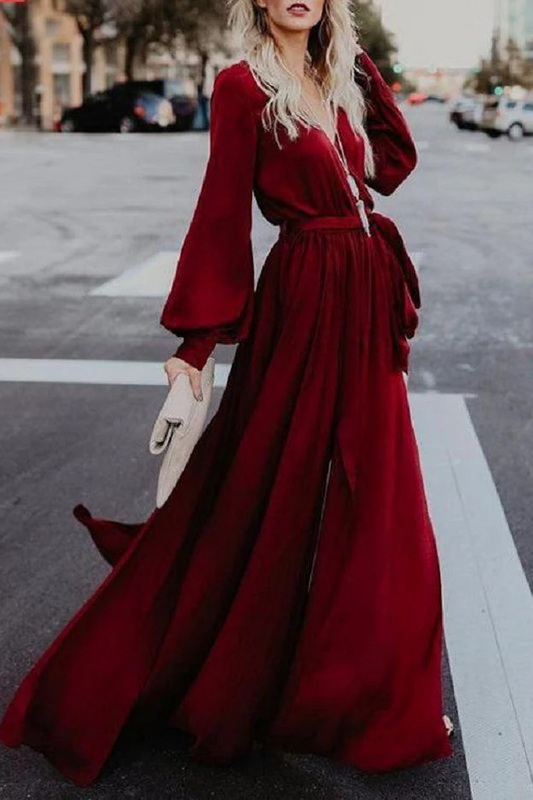 Simple A-line Burgundy Long Sleeve Long Prom Dresses