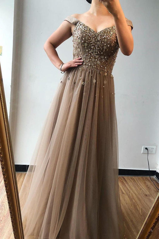 Brown A-line Off-the-shoulder Beaded Long Prom Dresses Evening Gown