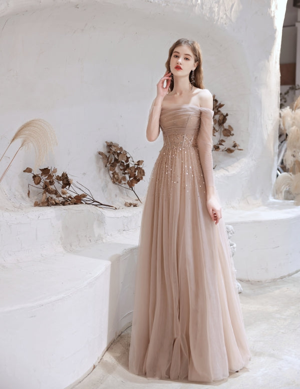 Elegant A Line Nude Pink Prom Dresses Lace Up Party Dresses