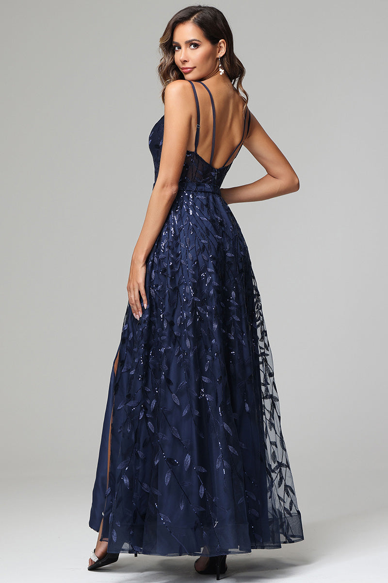 A-line Dark Navy Spaghetti Straps V-neck Lace Prom Dresses