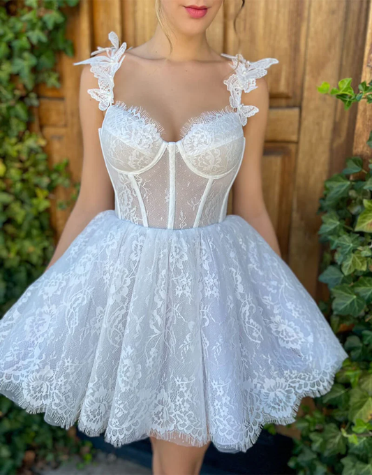 A Line Sweetheart Straps White Lace Homecoming Dress