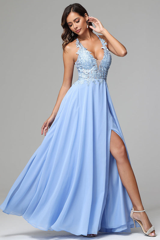 A-line V-neck Lace Appliqued Long Prom Dress with slit