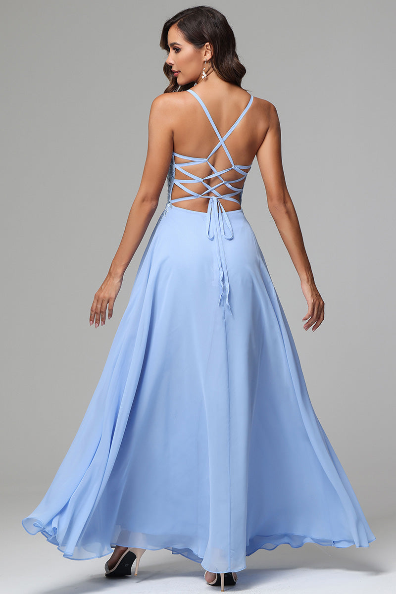 A-line V-neck Lace Appliqued Long Prom Dress with slit