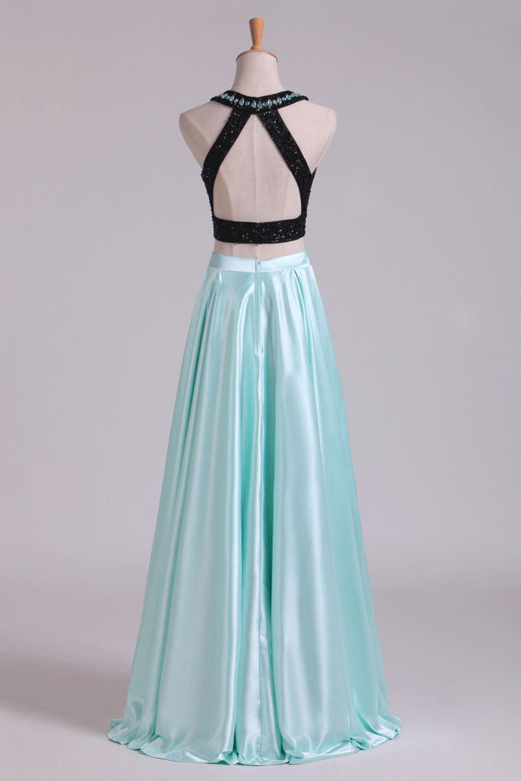 2024 Prom Dresses A-Line Scoop Elastic Satin Two Pieces Black Bodice Backless Floor-Length