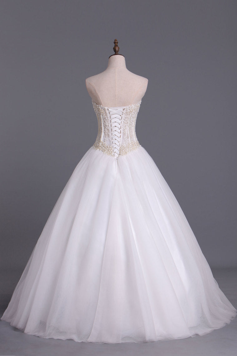 2024 Wedding Dresses A-Line Sweetheart See Through Tulle With Pearls Lace Up Floor Length