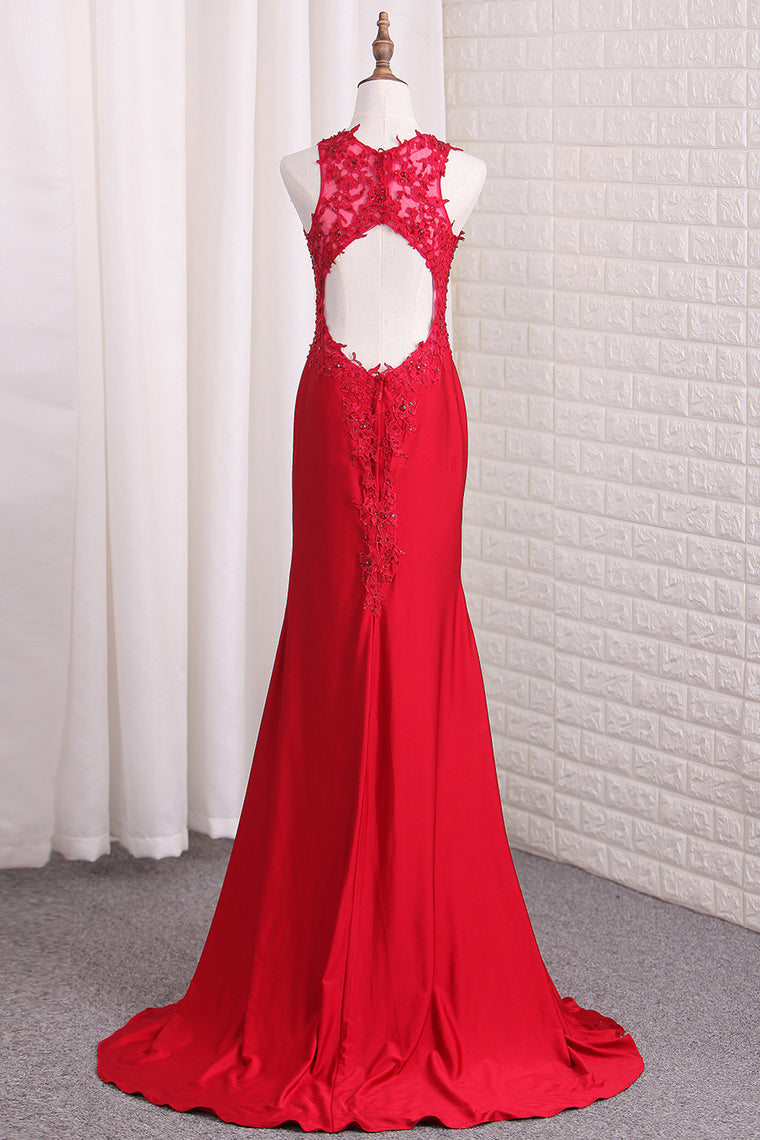 2024 Open Back Straps Mermaid Prom Dresses Spandex With Applique