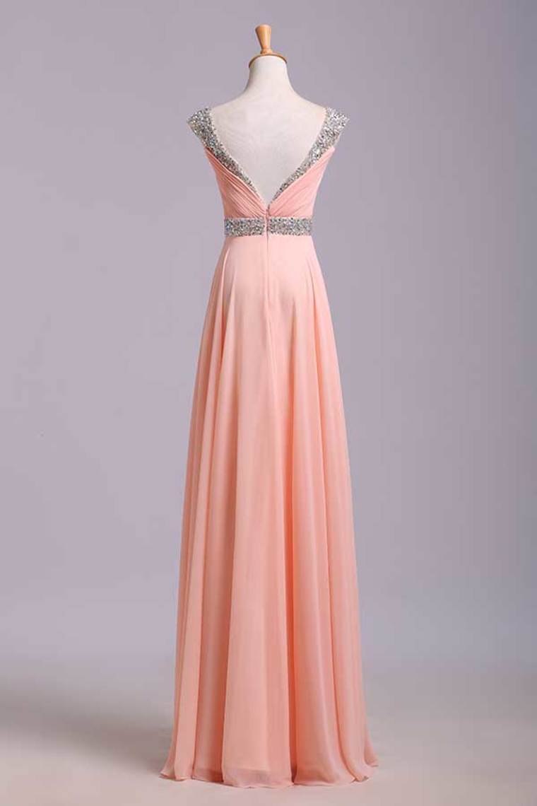 Simple Prom Dresses  With Cap Sleeves A-Line V-Neck Floor-Length Chiffon Zipper Back