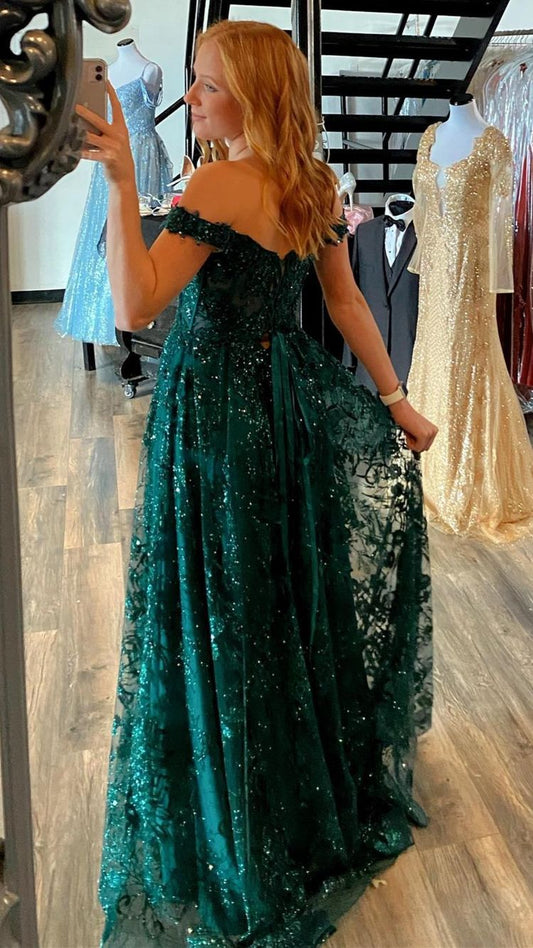 Dark Green A Line Off the Shoulder Formal Evening Gowns Lace Long Prom Dresses