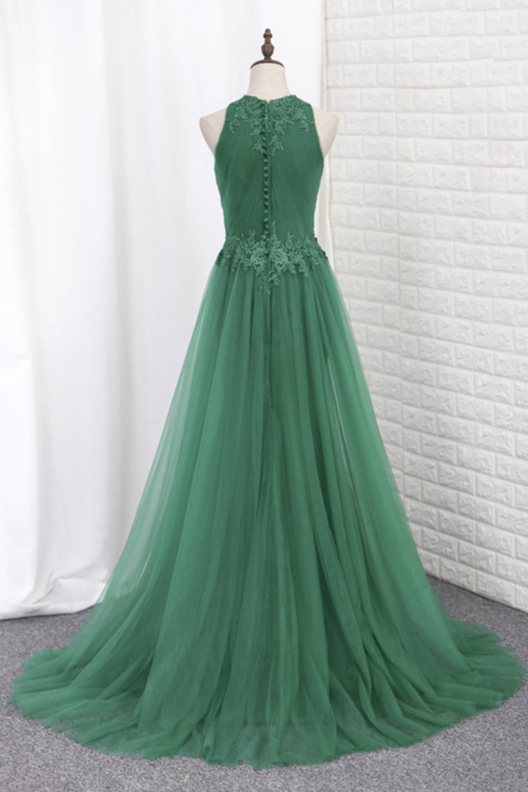 2024 Prom Dresses Scoop Lace & Tulle With Applique Mermaid Sweep Train