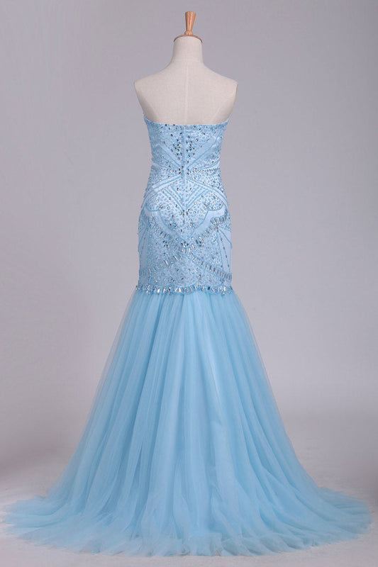 2024 Sweetheart Mermaid Prom Dresses Beaded Bodice Tulle Sweep Train