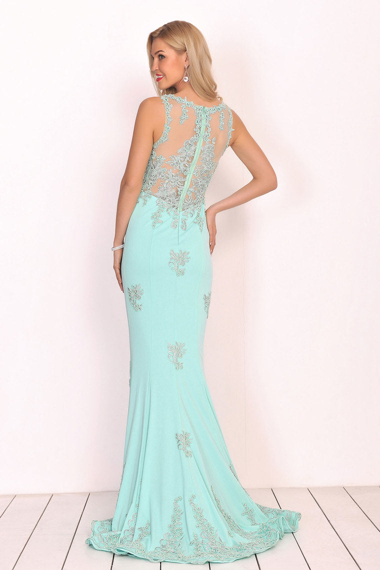 2024 Prom Dresses Mermaid Scoop Spandex With Applique Sweep Train