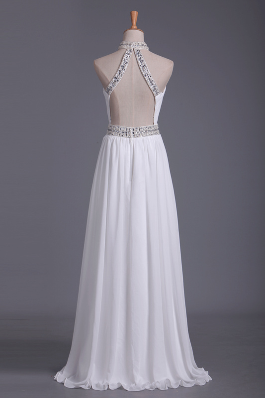 2024 Sexy Open Back Chiffon With Beads High Neck Sweep Train Prom Dresses