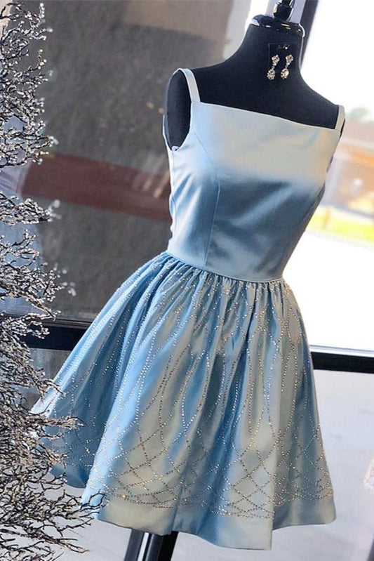 Shiny Blue Satin Beading Square Neck Sleeveless Homecoming Dress Knee Length Prom Dress