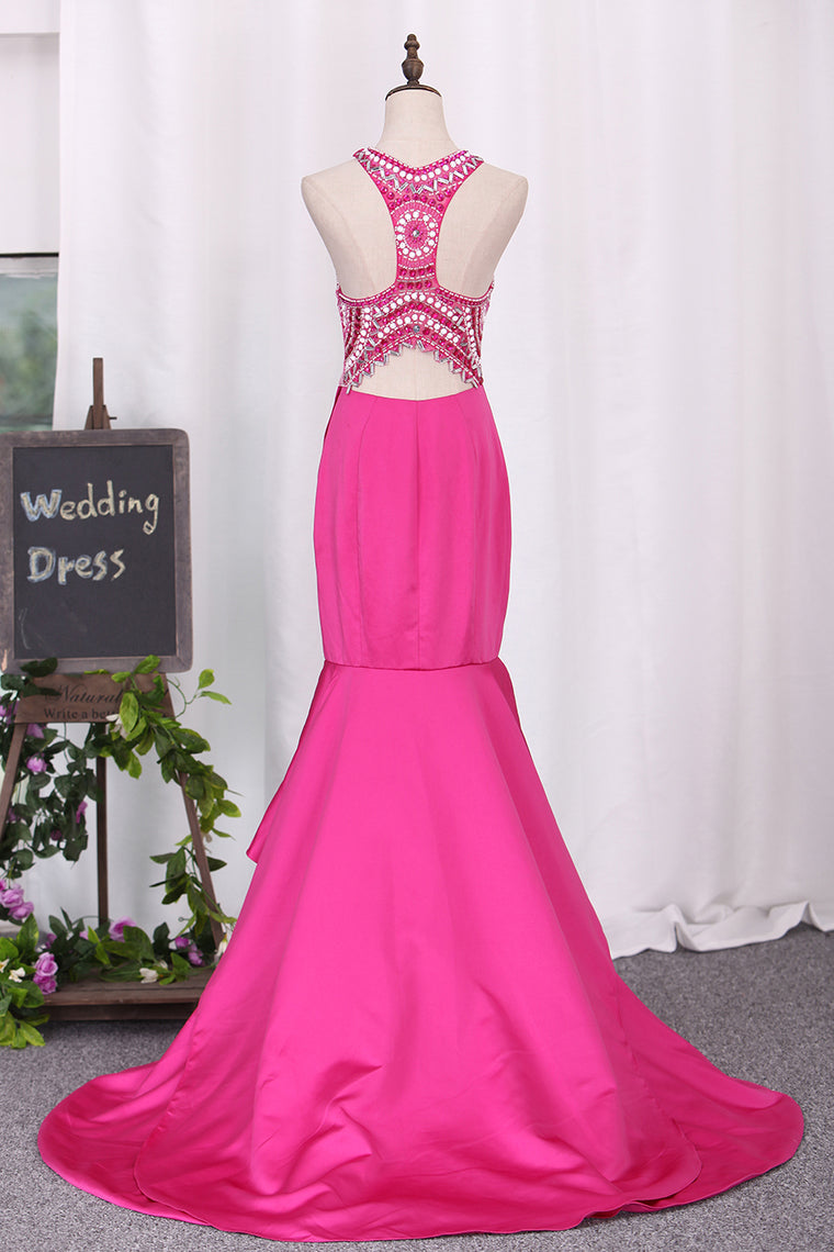 2024 Prom Dresses Mermaid V Neck Beaded Bodice Satin Open Back