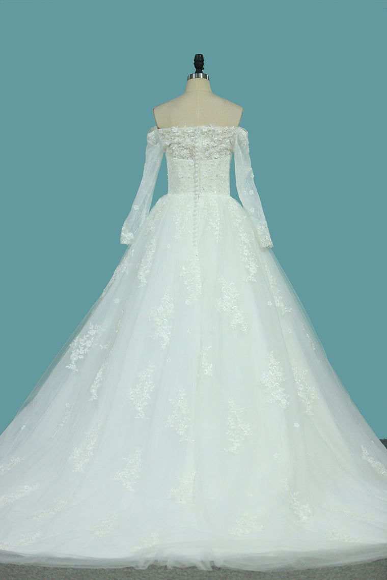 2024 Boat Neck Tulle Wedding Dresses A Line With Applique And Beads Chapel Train