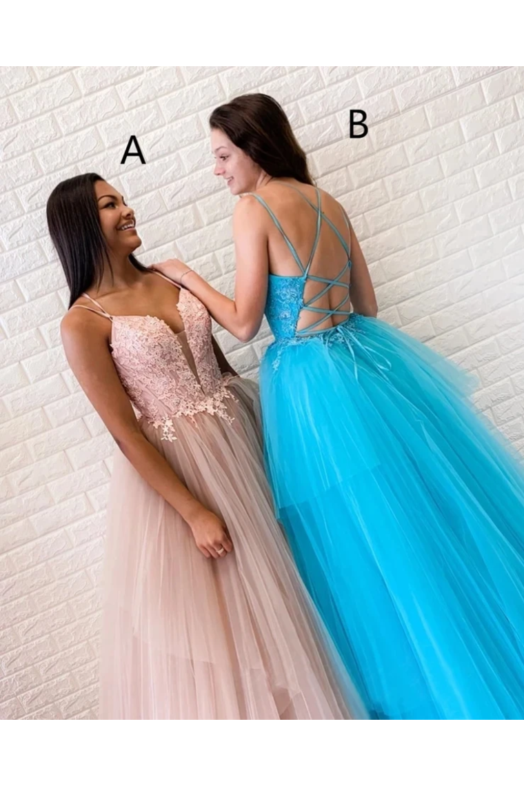 A-Line Spaghetti Straps Appliques Long Prom Dresses Tulle Evening Dress