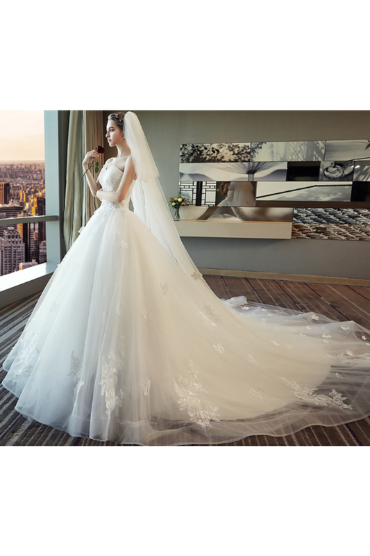 Ball Gown Tulle Wedding Dresses Strapless Appliques Beads Court Train