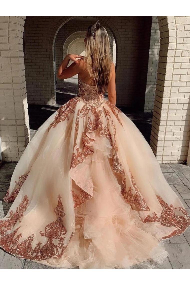 Champagne Tulle Rosewood Appliques Sweet Heart Neckline Ball Gown Quinceanera Dresses Prom Dresses