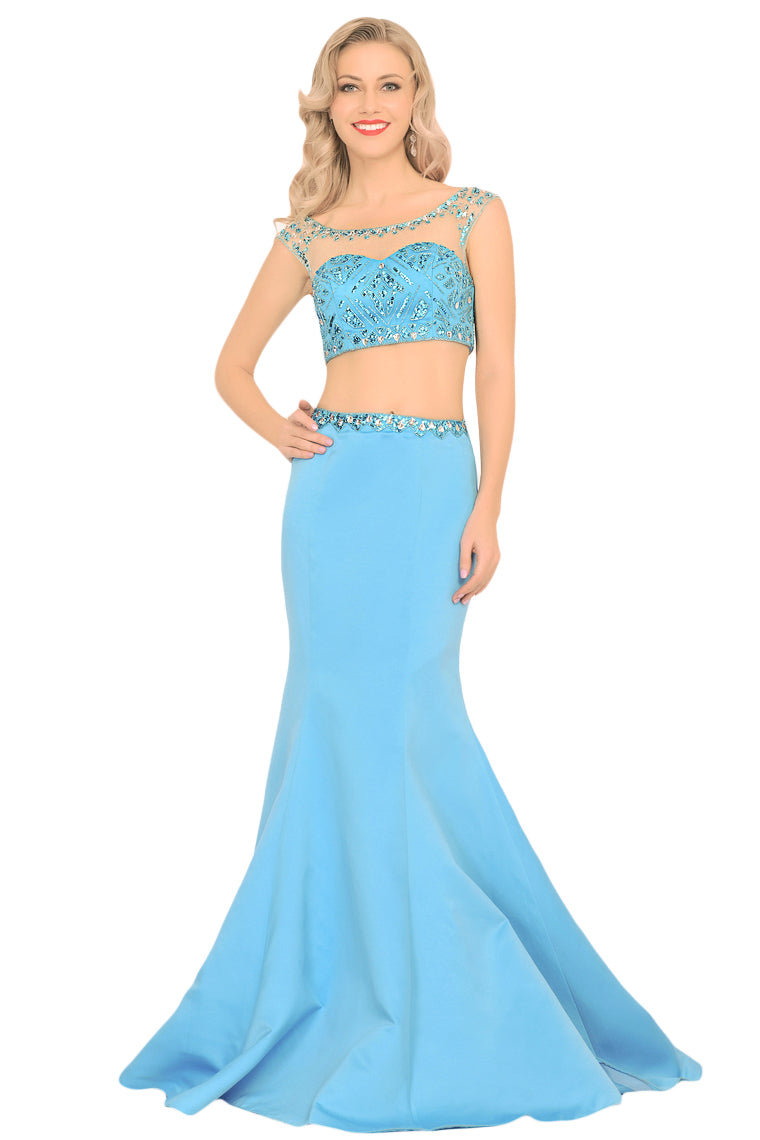 2024 Two-Piece Scoop Prom Dresses Mermaid Satin With Beading