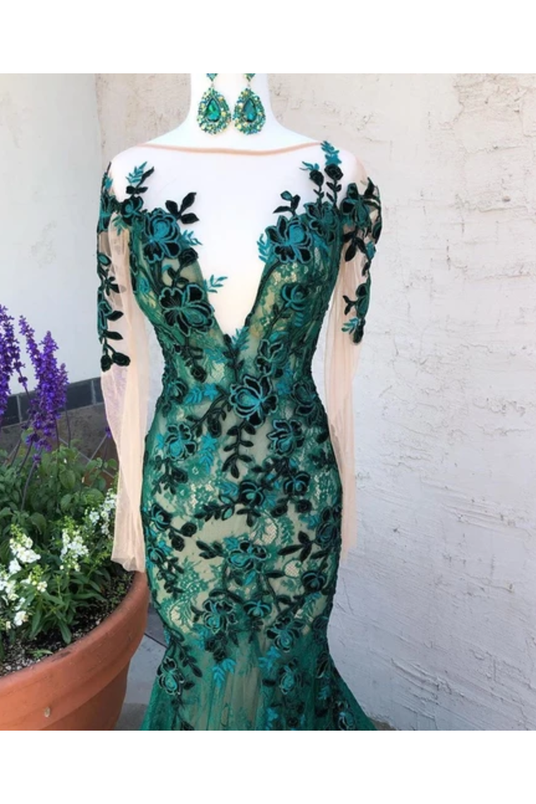 Dark Green See Through Prom Dresses With Sleeves Illusion Neck Party Dresses