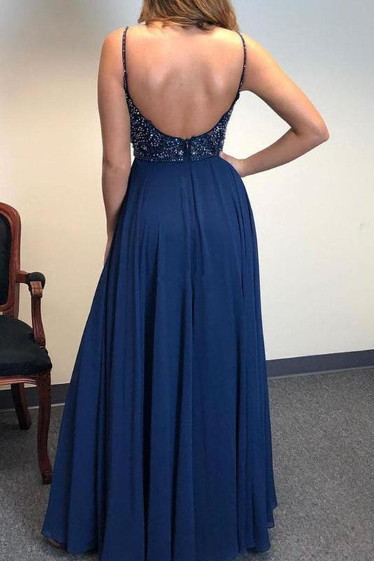 Spaghetti Strap  Floor Length Prom Dresses With Slit V Neck Beads