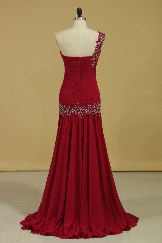 2024 Burgundy/Maroon High Quality Prom Dresses Mermaid Sweetheart One Shoulder Chiffon Ruffled