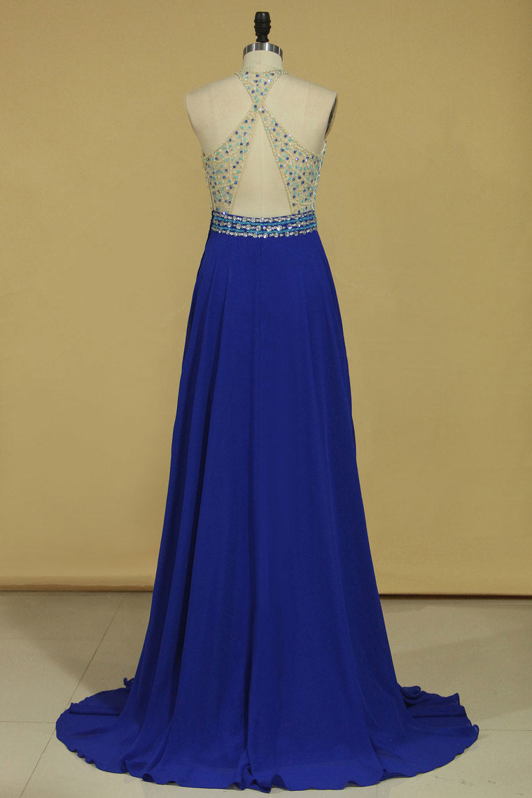 2024 Sexy Open Back Halter Beaded Bodice A Line Chiffon Sweep Train Prom Dresses