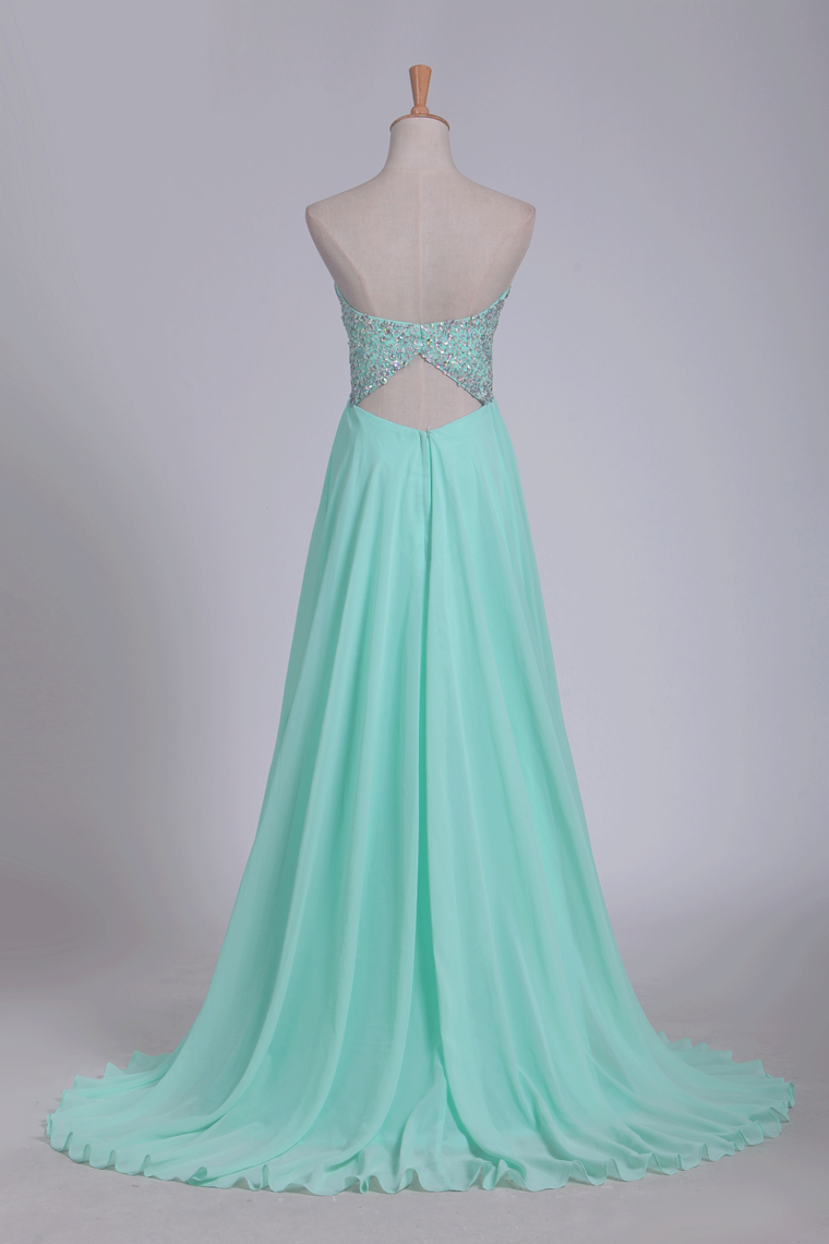 2024 A Line Chiffon Sweetheart Open Back Beaded Bodice Prom Dresses