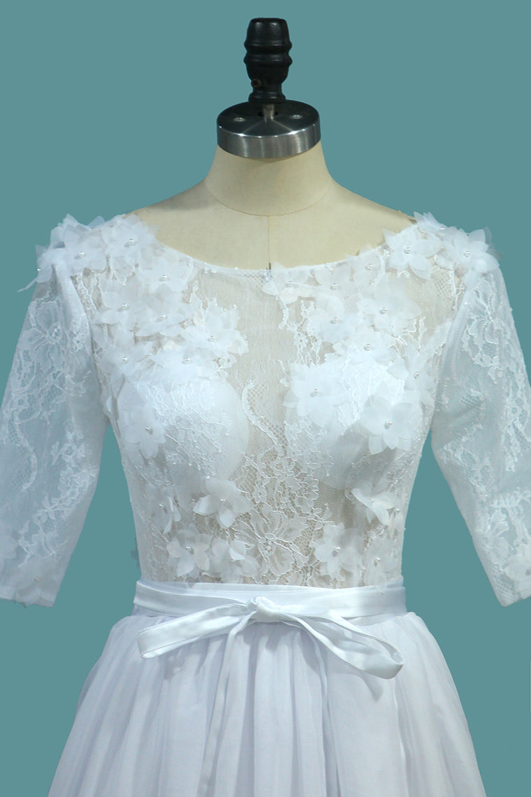 2024 Wedding Dresses A Line Scoop With Sash And Handmade Flower Court Train