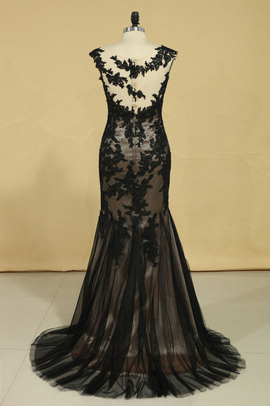 2024 Black Mermaid Bateau With Applique Tulle Dark Navy Sweep Train Evening Dresses