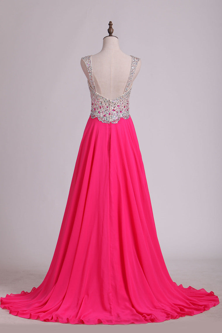 2024 Prom Dresses A Line Sweetheart Chiffon Sweep Train With Beads And Rhinestones