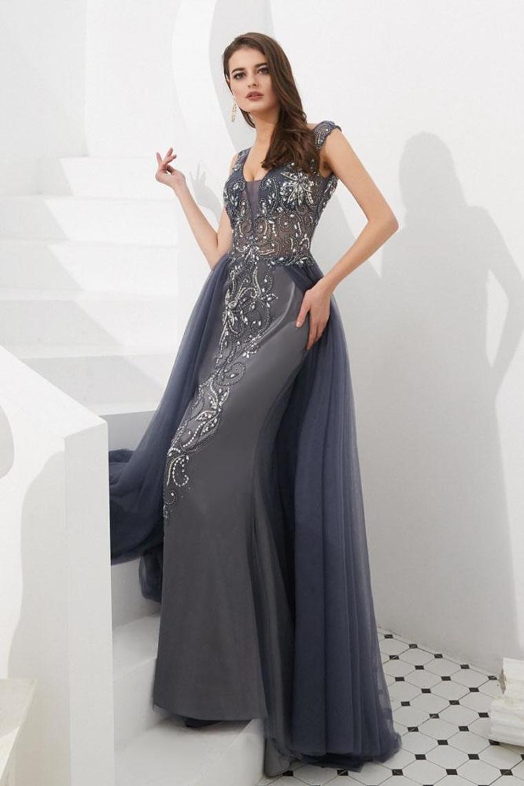 V Neck Sleeveless Tulle Long Prom Dress With Beads Crystal