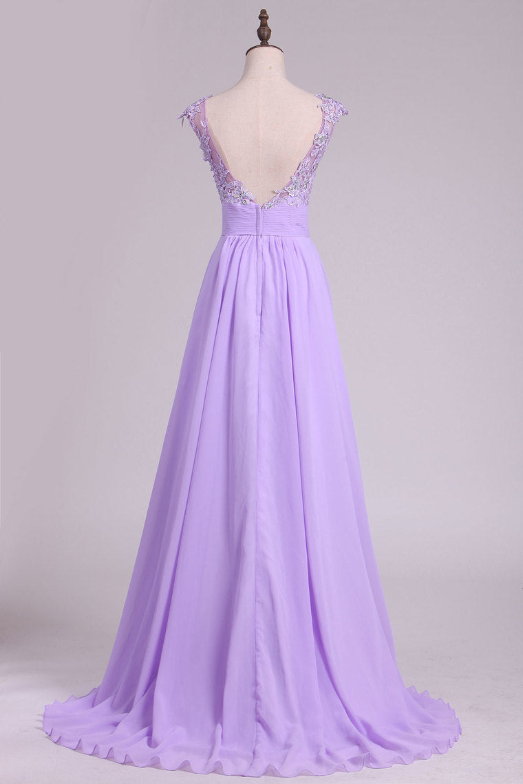 2024 New Arrival Bateau Prom Dresses A Line Chiffon With Applique And Beads